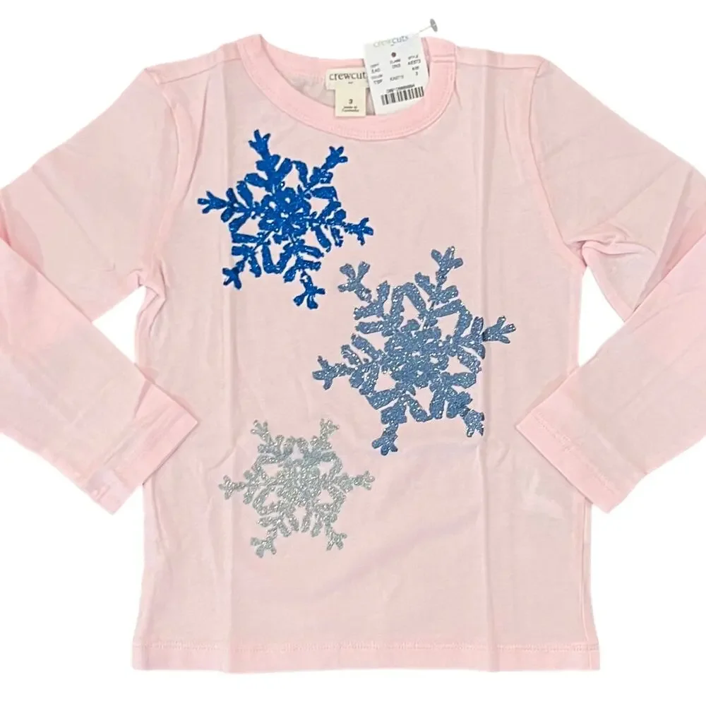 **NWT J. Crew Girls' Pink W/Blue & Silver Glitter Snowflakes Graphic Tee
